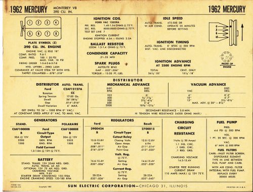 1962 mercury monterey v8 390 ci ford engine car sun electronic spec sheet