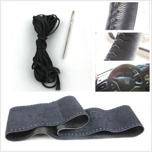 Auto steering wheel 100% genuine leather diy black cover non-slip +needle thread
