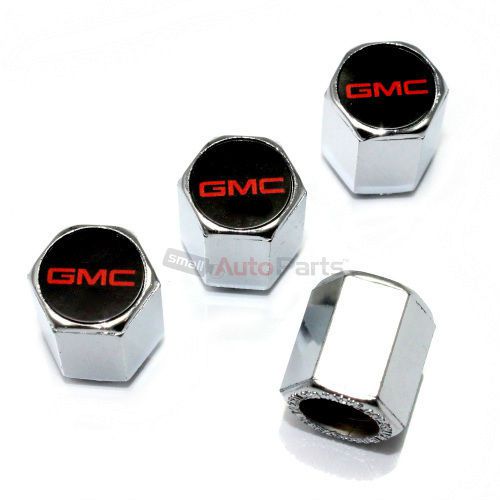 (4) gmc red logo chrome abs car tire/wheel pressure air stem valve caps covers