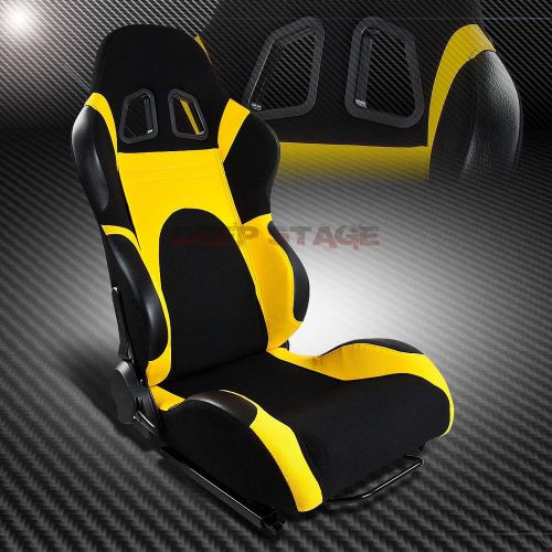 2x black/yellow reclinable sports style racing seats+mounting sliders right side
