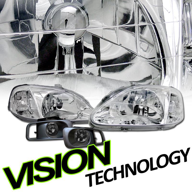 4pc 99-00 civic 2d/3d/4d chrome housing crystal headlights+smoke lens fog lights
