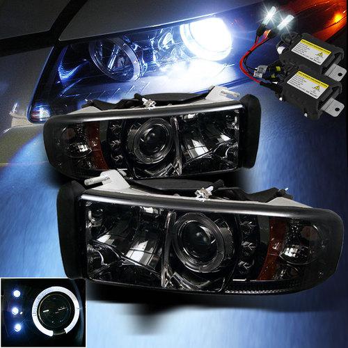 Slim 6000k xenon hid+smoked 94-01 ram halo led projector headlights head lights