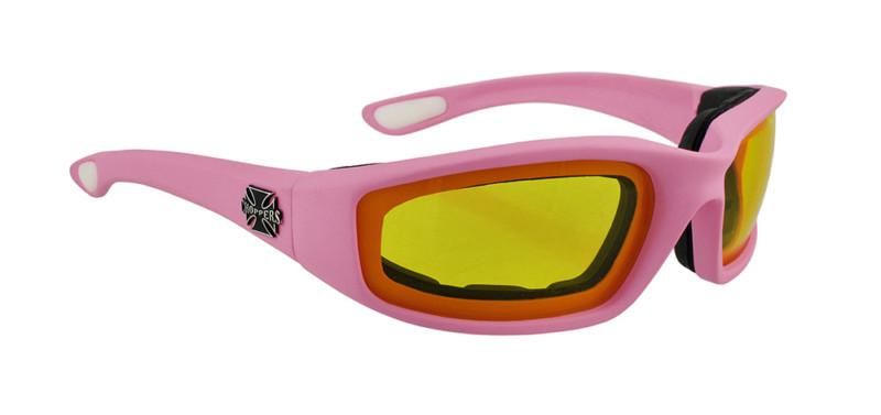 Ladies` pink padded motorcycle glasses yellow lenses