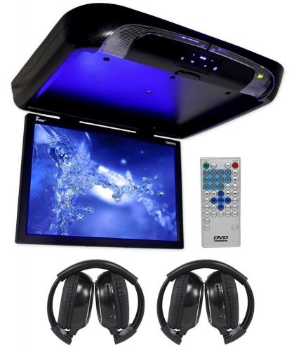 Tview 20&#034; black flip down car monitor dvd/cd player with 2 wireless headphones