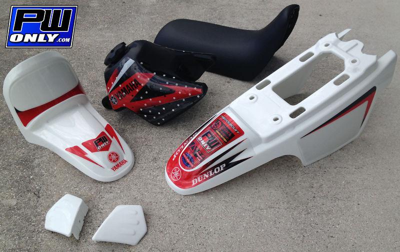 Yamaha pw50 pw 50 white plastic fender kit 3m red graphic decals and seat new