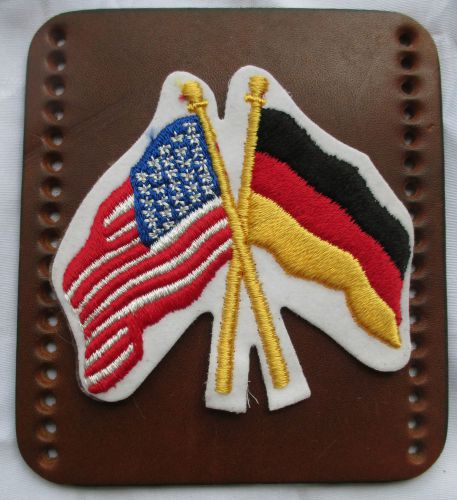 Embroidered usa / german crossed flags emblem  on large (4&#034;x41/2&#034;) brown leather
