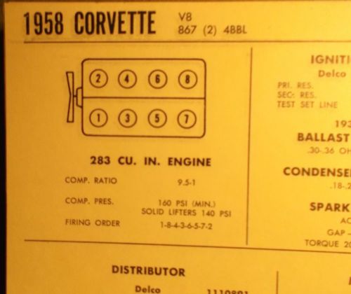 1958 chevrolet corvette eight series models 283 ci v8 4bbl or 2x4 tune up chart