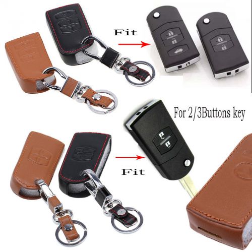 Black/brown car remote key case bag chain fob holder leather keyring fit mazda