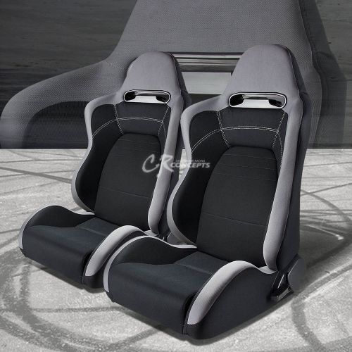 2 x fully reclining black/gray cloth jdm type-r bucket racing seats+silders pair