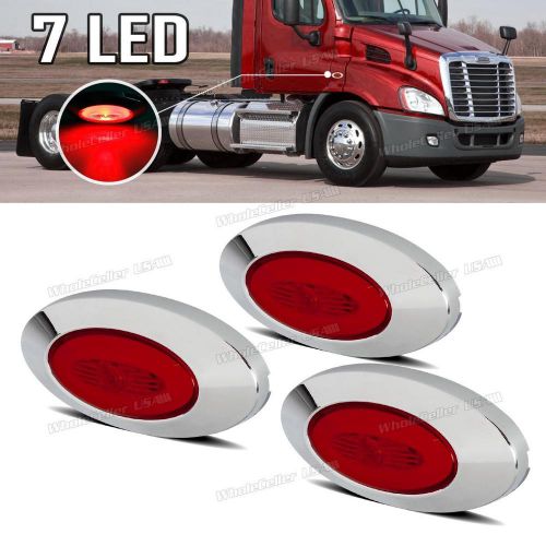 Red 3pc 3-1/3&#034; mini led marker clearance light sealed surface mount 7led chrome