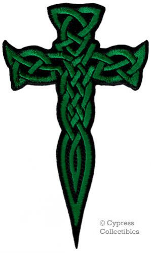 Irish heritage biker patch celtic dagger cross iron-on embroidered knife green