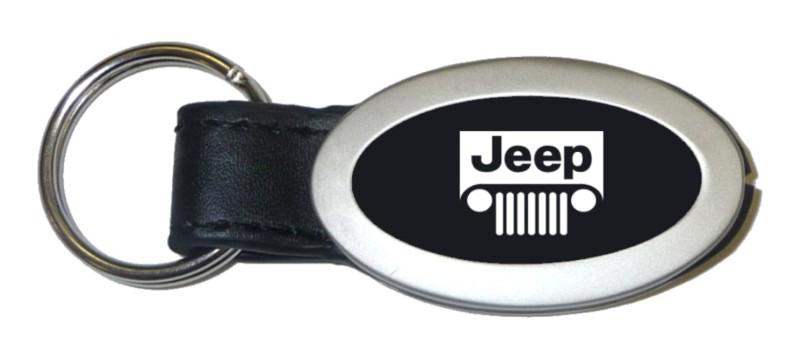 Chrysler jeep grill black oval leather keychain / key fob engraved in usa genui