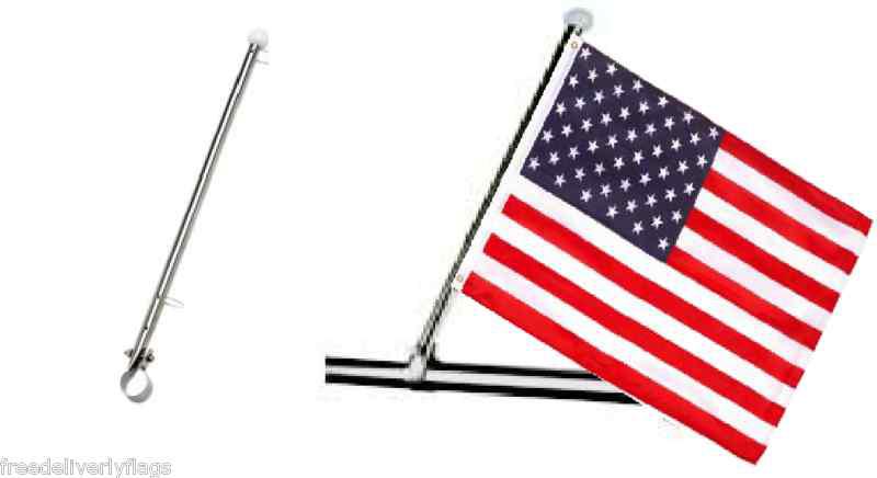 Boat rail mount stainless flag pole -15"long  fits 7/8" to 1" &1-12"x18"usa flag