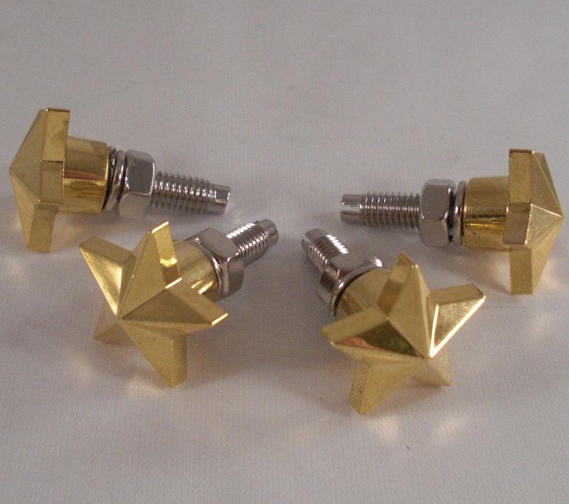 4 gold "rock star" motorcycle license plate frame bolts - lic fastener screws