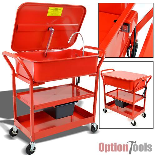 20 gallon mobile parts washer cart electric solvent pump drying shelves cleaning