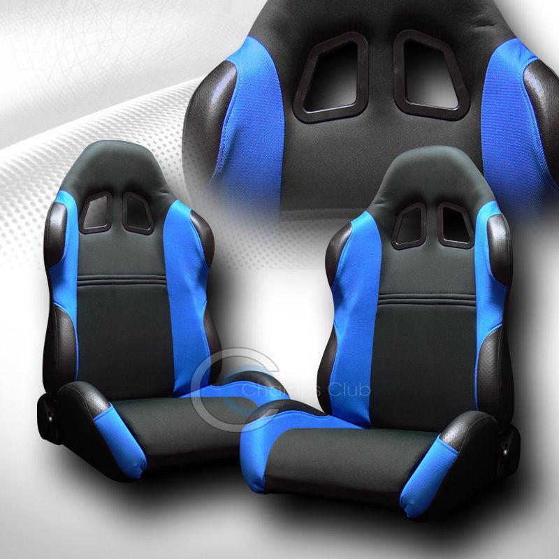 Universal jdm-ts blk/blue cloth car racing bucket seats+sliders pair acura audi