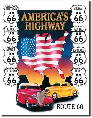 Vintage replica tin metal sign america's highway route 66 1930's chevy state 605