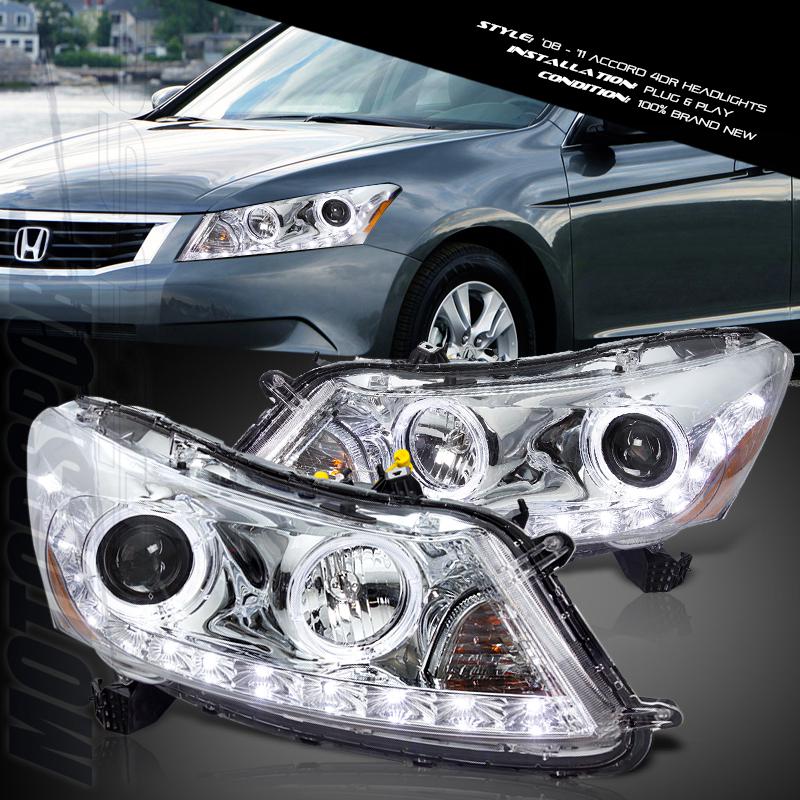 2008-2011 honda accord sedan chrome angel eye projector head lights led bar drl