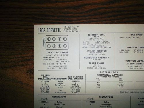 1962 chevrolet corvette eight 327 afb 4bbl carb or fuel injection tune up chart