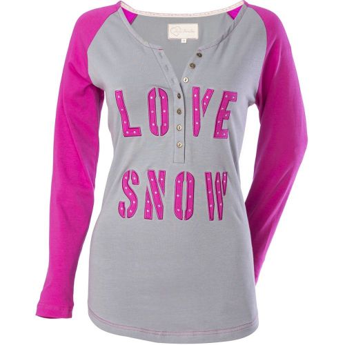 Divas snowgear love snow womens long sleeve henley t-shirt gray/fuchsia/pink