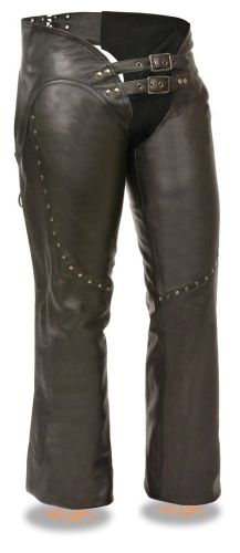 Motorcycle womens chap  blk low rise double buckle studding to accent thigh