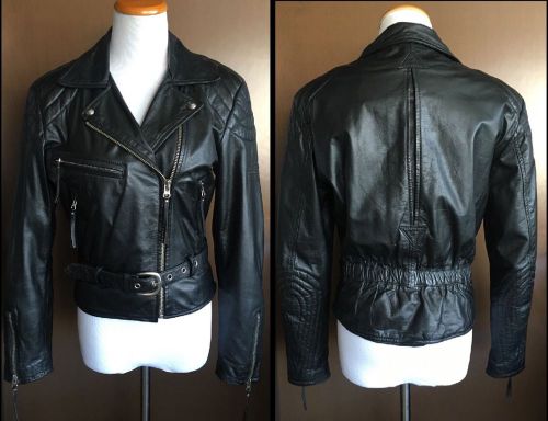 Harley-davidson womens black leather biker jacket padded shoulders belt size xs
