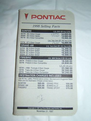 1998 pontiac dealer price &amp; selling facts booklet