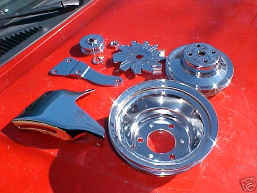 Chrome pulleys,alt.brackets for long water pump bbc,396,427,454 factory style