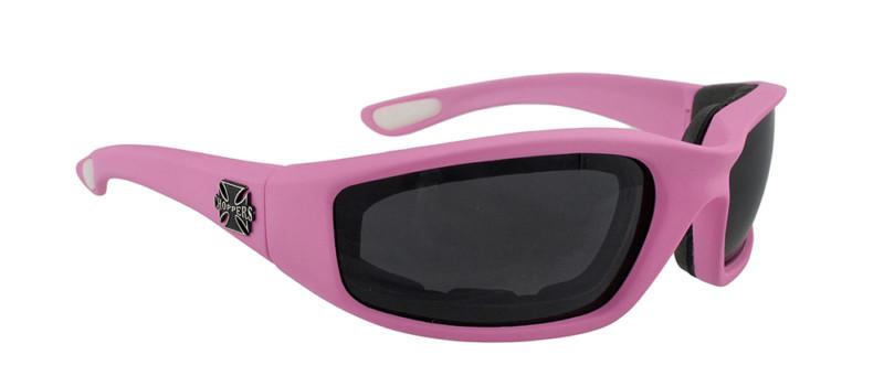 Ladies` pink padded motorcycle glasses smoke lenses