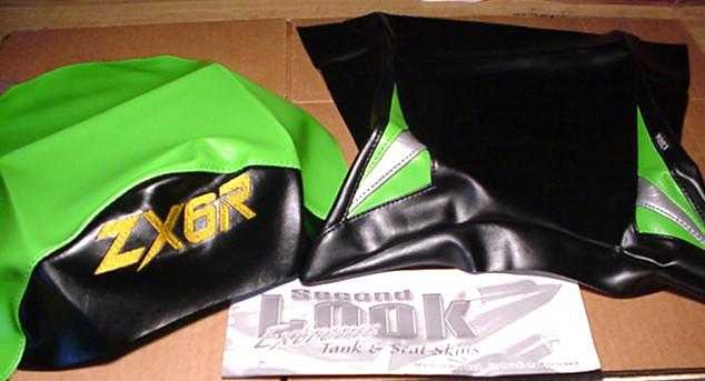 2004 kawasaki zx-6r 2-pc seat cover skins black/silver/green w/logo second look 