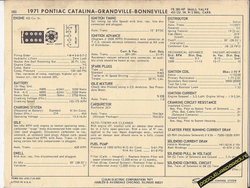 1971 pontiac catalina/grandville/bonneville 455 car sun electronic spec sheet