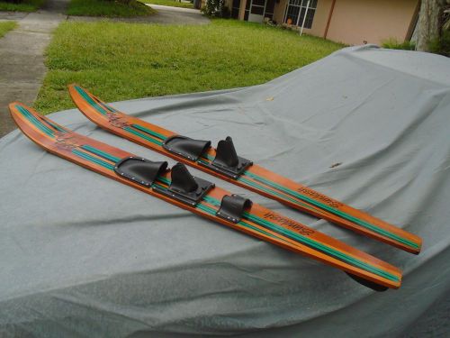 Vintage pair wooden water skis 67&#034; long taper pro sundash slalom ski