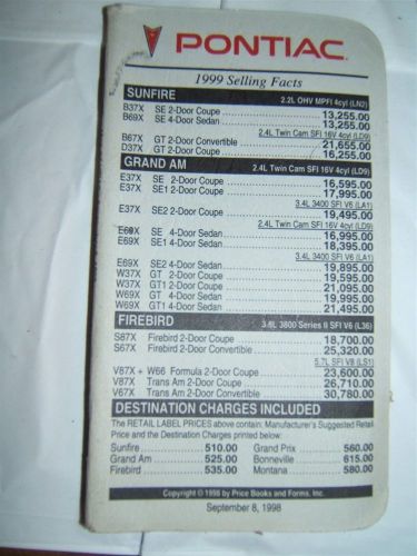 1999 pontiac dealer price &amp; selling facts booklet