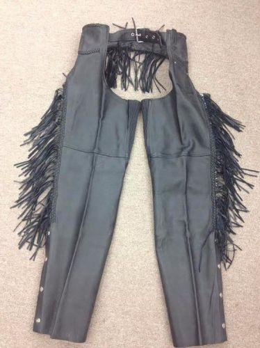 Black leather chaps with fringe and braided trim features size: medium