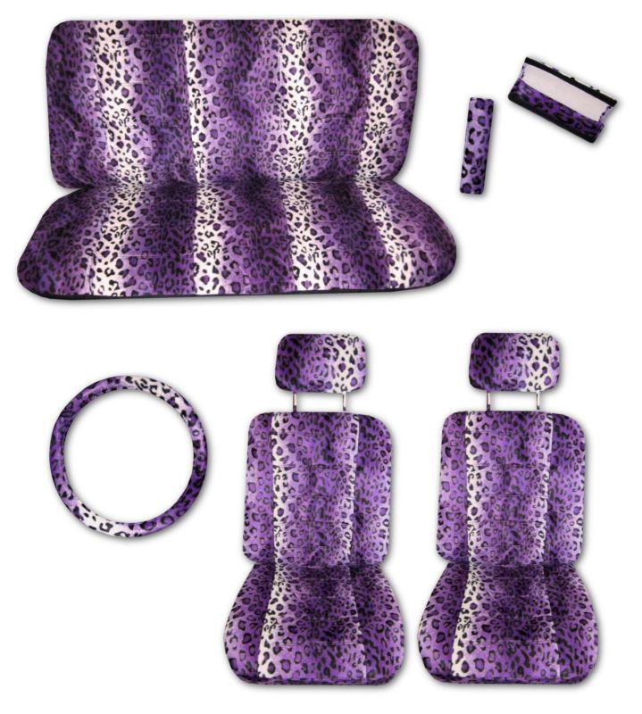 Purple black leopard quilted velour car truck seat covers set with extras #d