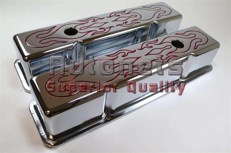 Sbc chevy chrome red flame steel valve cover 283-305-327-350 small block short