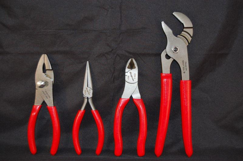 Snap on 4 pc pliers / cutters, slip joint, needle nose, adjustable joint / new