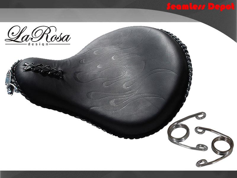 Larosa black leather flame design harley chopper solo seat + tension springs kit