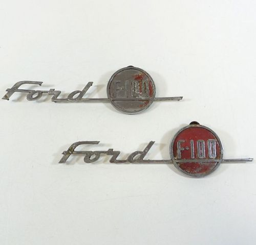 Pair of vintage orignal ford f-100 truck side hood emblem / script - 1955