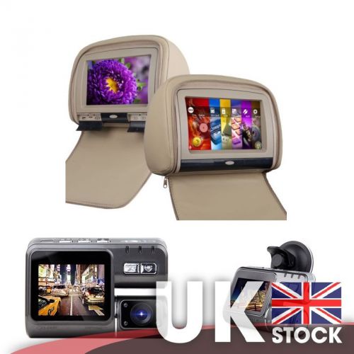 Pair of 9&#034; touch screen headrest dvd player w/ cover(tan)+ 2&#034; lcd hd dashcam