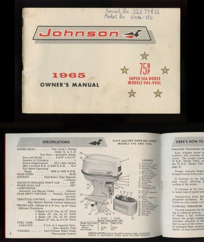Original 1965 johnson outboard motor manual 75hp super sea horse models v4s-v4sl