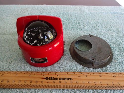 Antique vintage red e.s. ritchie explorer marine magnetic compass with metal bas