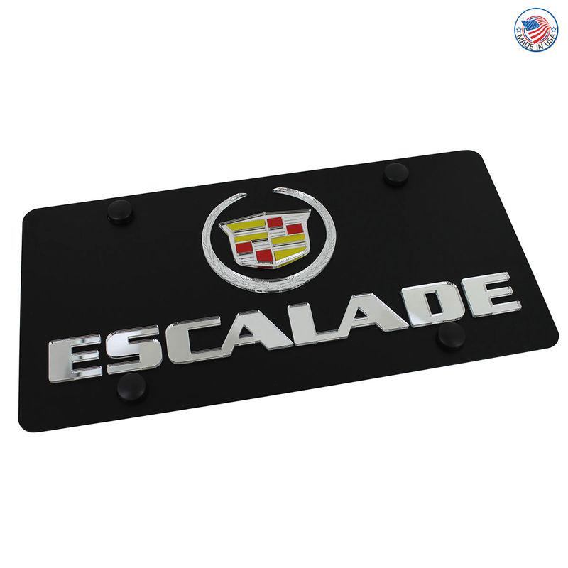 Cadillac logo + escalade name on carbon black stainless steel license plate