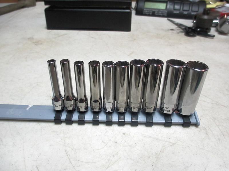 Snap on 1/4" drive 10 pc deep 6 point sae socket set #110stmy 3/16" to 9/16"