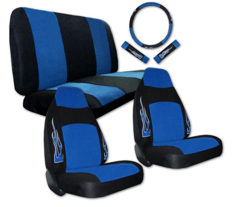 Synthetic leather blue black flame high back car seat covers 7pc pkg #3