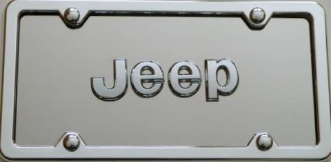 Jeep 3d chrome script on stainless steel front license plate with chrome frame