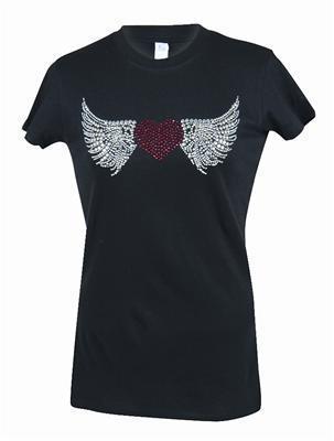 Ghh t-shirt cotton black heart with wings rhinestones style women's medium each