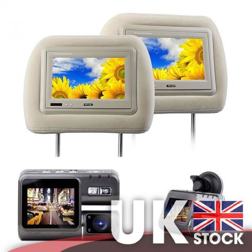 Pair of 7&#034; headrest monitor with moquette cover (tan) + 2&#034; lcd hd dashcam