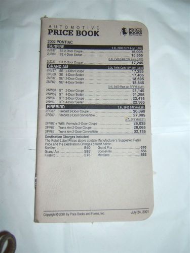 2002 pontiac dealer price &amp; selling facts booklet