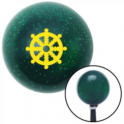 Yellow wheel of dharma green metal flake shift knob  with 16mm x 1.5 insert mac